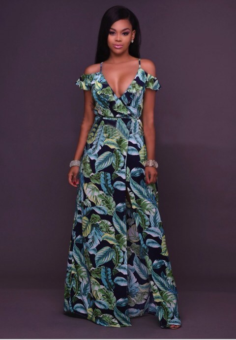 Leaf Print Ruffle Maxi Dress
