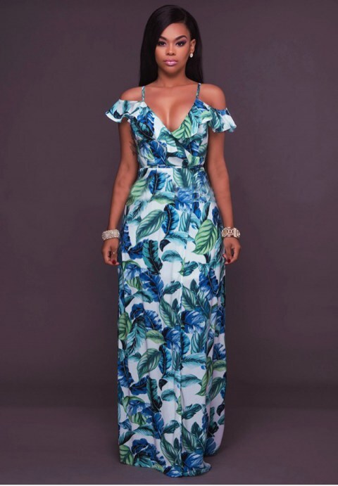 Leaf Print Ruffle Maxi Dress