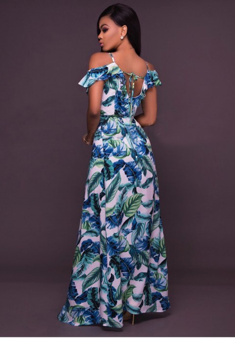 Leaf Print Ruffle Maxi Dress