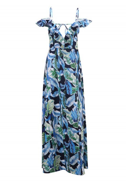 Leaf Print Ruffle Maxi Dress
