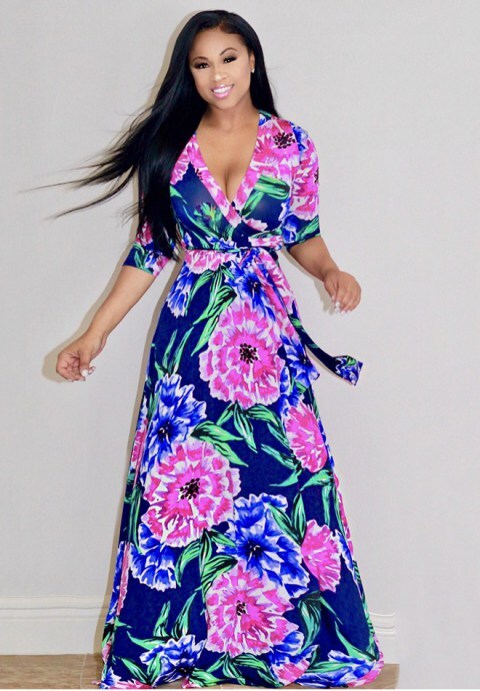 Floral Print Tie Waist Maxi Dress