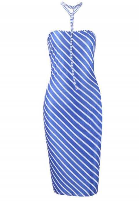 Neck Belt Stripe Sexy Dress