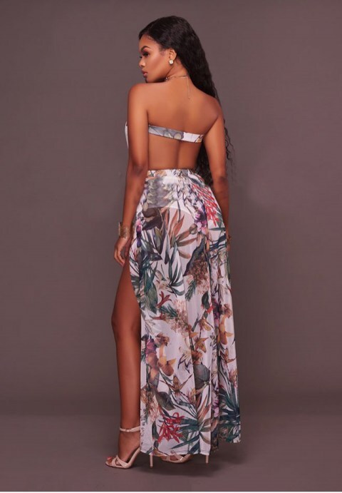 Printed High Slit Legs Bodysuit Maxi Dress
