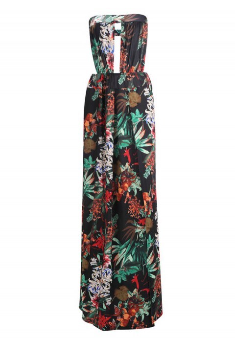 Printed High Slit Legs Bodysuit Maxi Dress