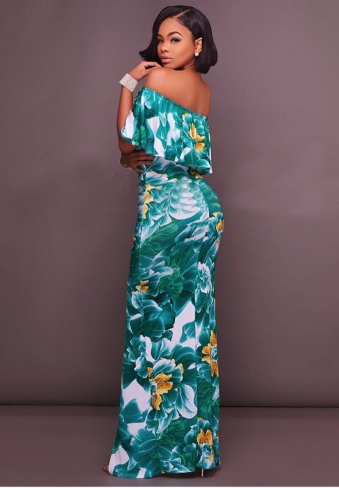Multi-Color Floral Print Off-The-Shoulder Maxi Dress