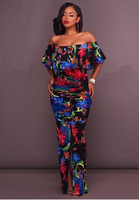 Multi-Color Floral Print Off-The-Shoulder Maxi Dress