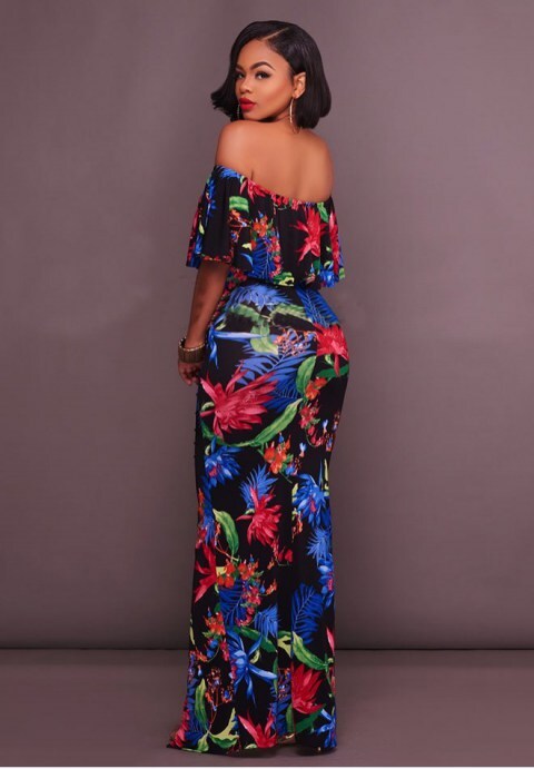 Multi-Color Floral Print Off-The-Shoulder Maxi Dress
