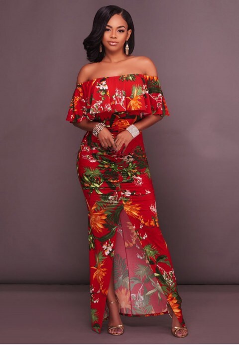 Multi-Color Floral Print Off-The-Shoulder Maxi Dress