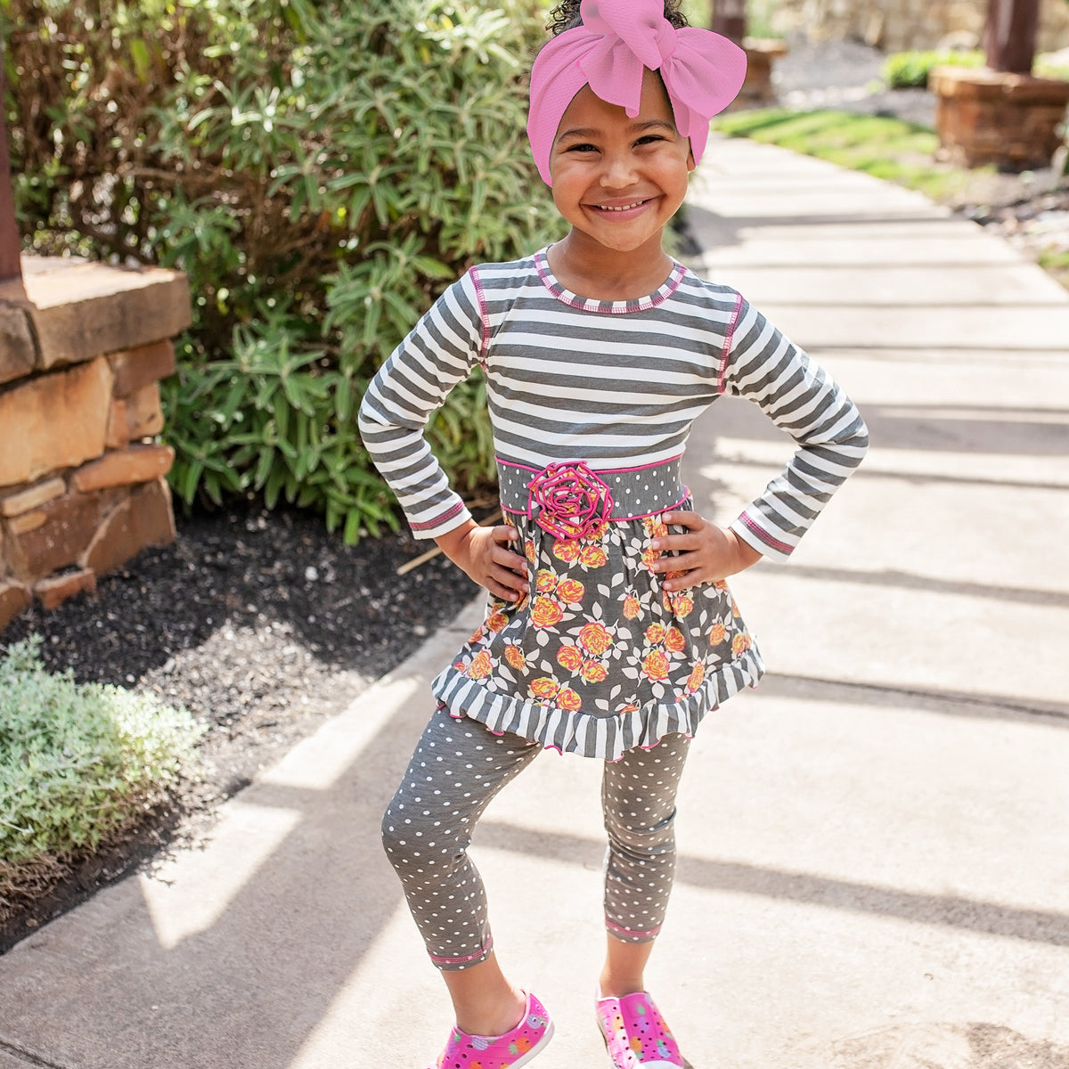 AnnLoren Boutique Grey Floral & Striped Dress & Polka Dot Leggings Clothing Set-3