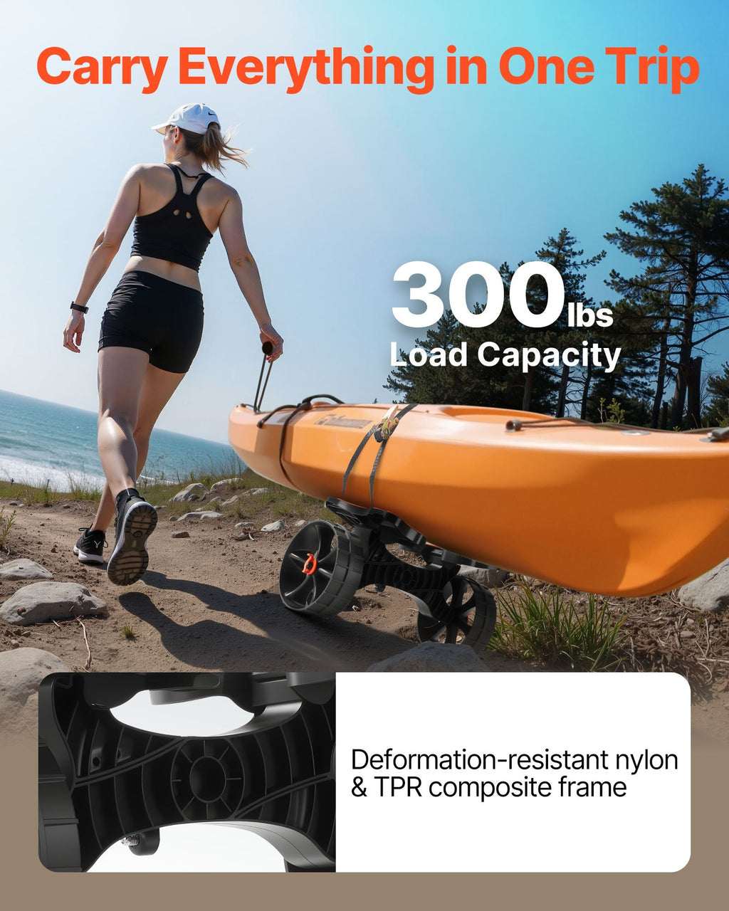Kayak Cart, 300 lbs Load Capacity, Foldable Kayak Trolley with 10-inch Solid Rubber Tires & 1 Ratchet Strap, Paddle Board Trolley for Carrying Kayaks, Canoes, Paddleboards, Float Mats, Jon Boats