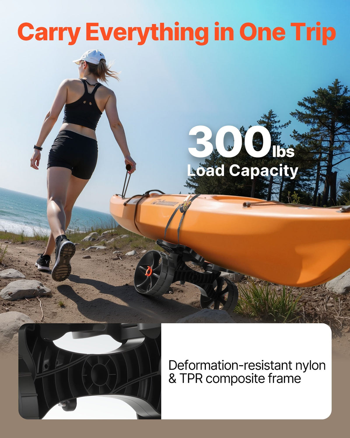 Kayak Cart, 300 lbs Load Capacity, Foldable Kayak Trolley with 10-inch Solid Rubber Tires & 1 Ratchet Strap, Paddle Board Trolley for Carrying Kayaks, Canoes, Paddleboards, Float Mats, Jon Boats