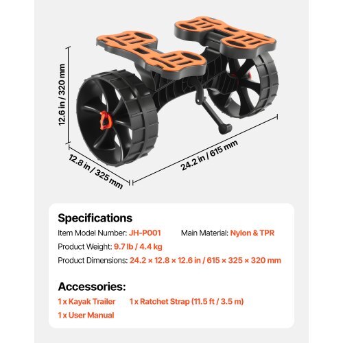 Kayak Cart, 300 lbs Load Capacity, Foldable Kayak Trolley with 10-inch Solid Rubber Tires & 1 Ratchet Strap, Paddle Board Trolley for Carrying Kayaks, Canoes, Paddleboards, Float Mats, Jon Boats