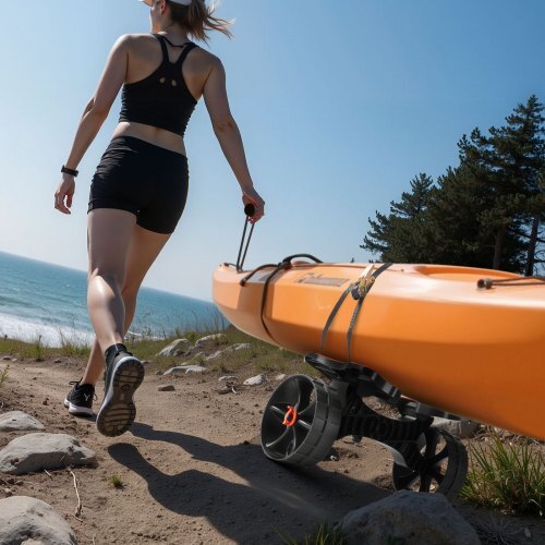 Kayak Cart, 300 lbs Load Capacity, Foldable Kayak Trolley with 10-inch Solid Rubber Tires & 1 Ratchet Strap, Paddle Board Trolley for Carrying Kayaks, Canoes, Paddleboards, Float Mats, Jon Boats