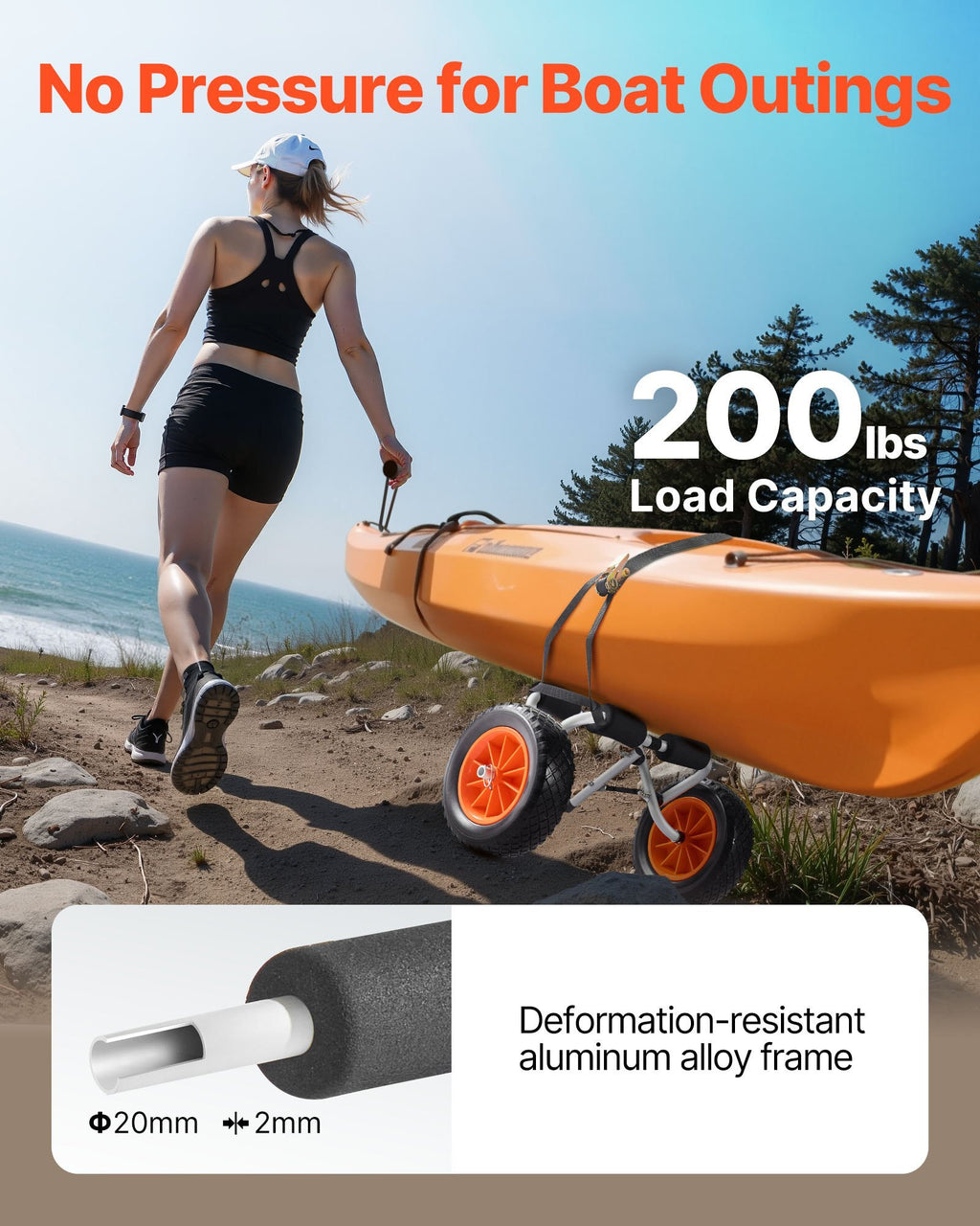 Kayak Cart, 200 lbs Load Capacity, Foldable Kayak Trolley with 10-inch Solid Rubber Tires & 1 Ratchet Strap, Paddle Board Trolley for Carrying Kayaks, Canoes, Paddleboards, Float Mats, Jon Boats