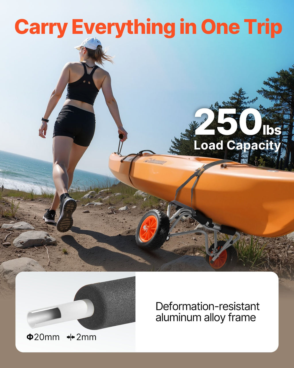 Kayak Cart, 250 lbs Load Capacity, Foldable Kayak Trolley with 10-inch Solid Rubber Tires & 1 Ratchet Strap, Paddle Board Trolley for Carrying Kayaks, Canoes, Paddleboards, Float Mats, Jon Boats