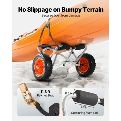 Kayak Cart, 250 lbs Load Capacity, Foldable Kayak Trolley with 10-inch Solid Rubber Tires & 1 Ratchet Strap, Paddle Board Trolley for Carrying Kayaks, Canoes, Paddleboards, Float Mats, Jon Boats