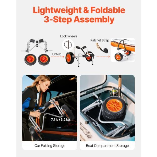Kayak Cart, 250 lbs Load Capacity, Foldable Kayak Trolley with 10-inch Solid Rubber Tires & 1 Ratchet Strap, Paddle Board Trolley for Carrying Kayaks, Canoes, Paddleboards, Float Mats, Jon Boats