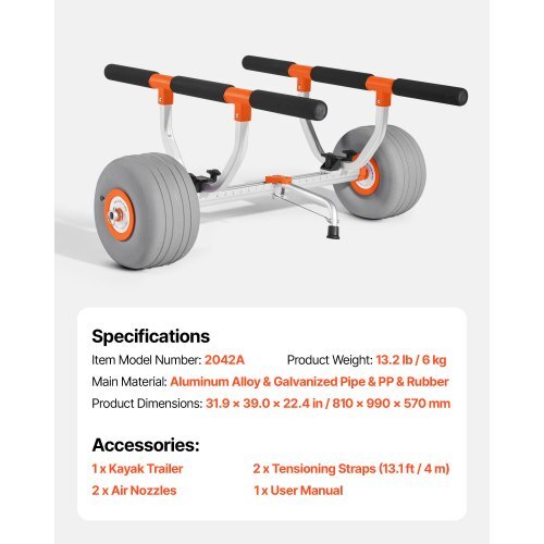 Kayak Cart, 350 lbs Load Capacity, Kayak Trolley with 12-inch Inflatable PU Tires & 2 Straps, Assembles & Disassembles Within Seconds, Paddle Board Trolley for Carrying Kayaks and Canoes