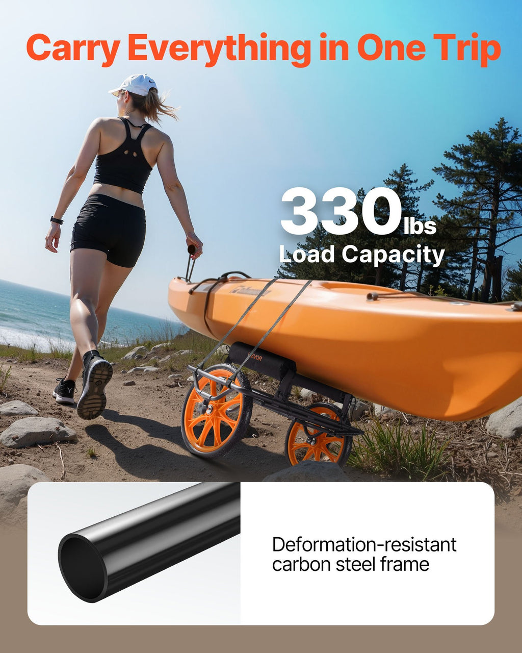 Kayak Cart, 330 lbs Load Capacity, Canoe Cart Dolly with 15-inch Solid Rubber Tires & Kickstand, Assembles & Disassembles Within Seconds, Paddle Board Trolley for Kayaks, Canoes, Paddleboards