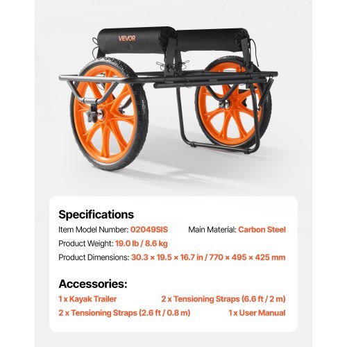 Kayak Cart, 330 lbs Load Capacity, Canoe Cart Dolly with 15-inch Solid Rubber Tires & Kickstand, Assembles & Disassembles Within Seconds, Paddle Board Trolley for Kayaks, Canoes, Paddleboards