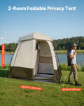 Camping Shower Tent, 2-Room Foldable Privacy Tent Changing Room with Ground Stakes, Ropes, Carry Bag, and Crossbar, 150D Oxford Fabric with Silver Coating, for Camping, Beach, and Fishing