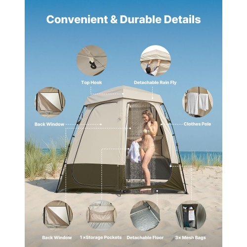 Camping Shower Tent, 2-Room Foldable Privacy Tent Changing Room with Ground Stakes, Ropes, Carry Bag, and Crossbar, 150D Oxford Fabric with Silver Coating, for Camping, Beach, and Fishing