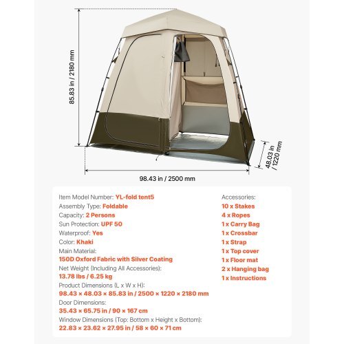 Camping Shower Tent, 2-Room Foldable Privacy Tent Changing Room with Ground Stakes, Ropes, Carry Bag, and Crossbar, 150D Oxford Fabric with Silver Coating, for Camping, Beach, and Fishing