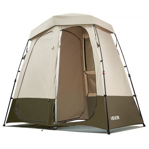 Camping Shower Tent, 2-Room Foldable Privacy Tent Changing Room with Ground Stakes, Ropes, Carry Bag, and Crossbar, 150D Oxford Fabric with Silver Coating, for Camping, Beach, and Fishing