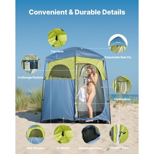 Camping Shower Tent, 2-Room Portable Privacy Tent Changing Room with Shower Bag, Ground Stakes, Ropes, Carry Bag, and Support Poles, 150D Oxford Fabric with Silver Coating, for Camping, Fishing