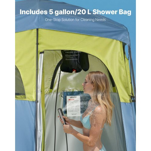 Camping Shower Tent, 2-Room Portable Privacy Tent Changing Room with Shower Bag, Ground Stakes, Ropes, Carry Bag, and Support Poles, 150D Oxford Fabric with Silver Coating, for Camping, Fishing