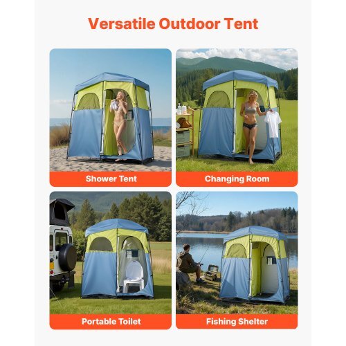 Camping Shower Tent, 2-Room Portable Privacy Tent Changing Room with Shower Bag, Ground Stakes, Ropes, Carry Bag, and Support Poles, 150D Oxford Fabric with Silver Coating, for Camping, Fishing