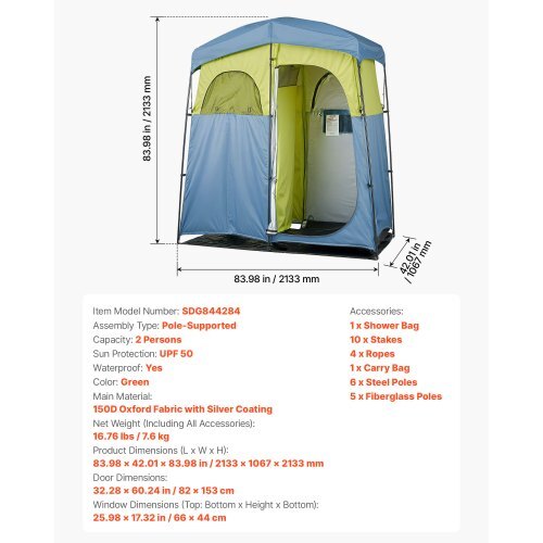 Camping Shower Tent, 2-Room Portable Privacy Tent Changing Room with Shower Bag, Ground Stakes, Ropes, Carry Bag, and Support Poles, 150D Oxford Fabric with Silver Coating, for Camping, Fishing