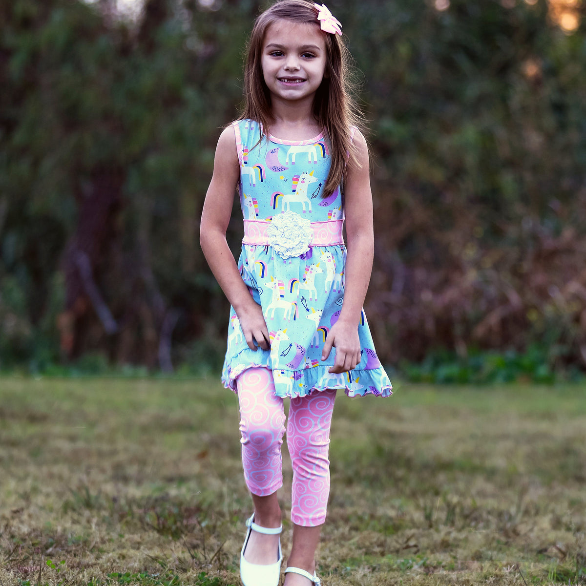 AnnLoren Girls Unicorns Rainbow Dress & Pink Swirl Leggings Outfit-3