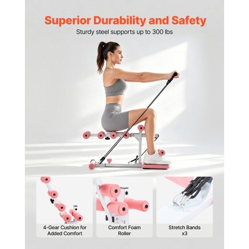 Deep Squat Machine, Adjustable Glutes Trainer Machine with 3 High-Strength Resistance Bands, Folding Core Leg and Glutes Exercise Trainer, Push Up Workout Equipment at Home Gym, Pink + White