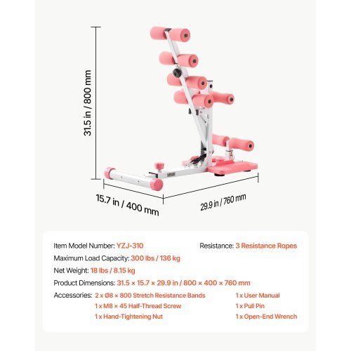 Deep Squat Machine, Adjustable Glutes Trainer Machine with 3 High-Strength Resistance Bands, Folding Core Leg and Glutes Exercise Trainer, Push Up Workout Equipment at Home Gym, Pink + White