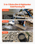 Highbanker Gold Panning Kit, 50" 3-in-1 Folding High Banker Gold Sluice Box, 26 PCS Portable Mining Equipment Prospecting Kit with Gold Pans, Classifier Screen, Magnet, Backpack, and Accessories
