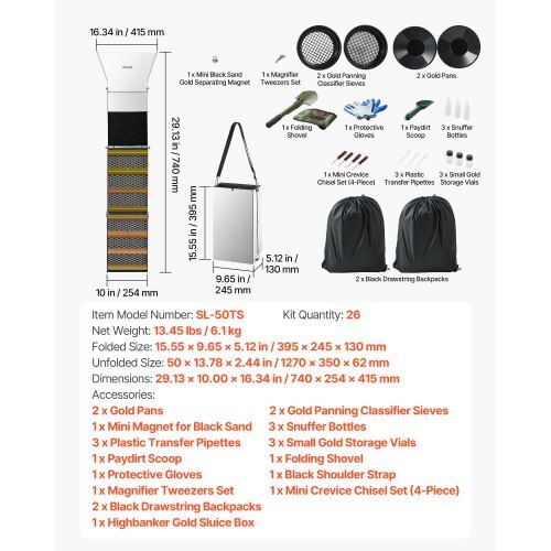 Highbanker Gold Panning Kit, 50" 3-in-1 Folding High Banker Gold Sluice Box, 26 PCS Portable Mining Equipment Prospecting Kit with Gold Pans, Classifier Screen, Magnet, Backpack, and Accessories