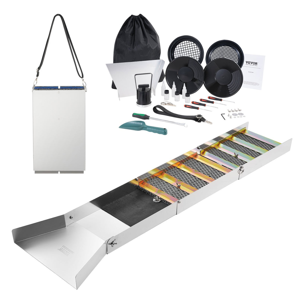 Folding Sluice Box Gold Panning Kit,  50 Inch 23pc Gold Prospecting Equipment Kit with Gold Pan, Classifier Screen, Separating Magnet, Backpack and More