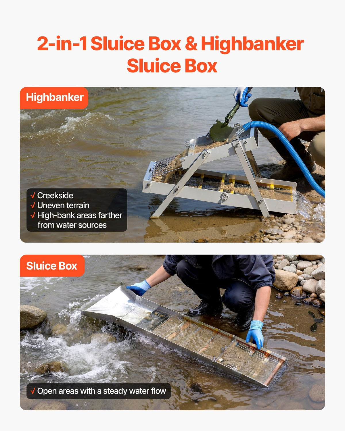 High Banker Gold Sluice, 50" 2-in-1 Folding Highbanker Sluice Box, Aluminum Alloy, Portable Mining Equipment with Drawstring Backpack and Gloves, for Gold Prospecting in Creek, High Bank, River
