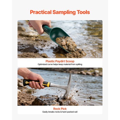 Gold Panning Kit, 10 in and 14 in Pans, 19 PCS Portable Prospecting Equipment Kit with Classifier Sieves, Sand Magnet, Rock Pick, Scoops, Backpack, and Accessories, for Outdoor Gold Recovery