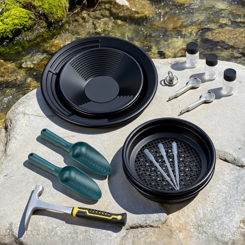 Gold Panning Kit, 10 in and 14 in Pans, 19 PCS Portable Prospecting Equipment Kit with Classifier Sieves, Sand Magnet, Rock Pick, Scoops, Backpack, and Accessories, for Outdoor Gold Recovery