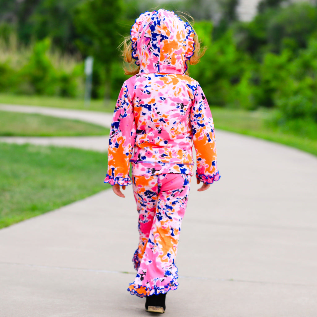 AnnLoren Girls Pink, Orange & Purple Tie Dye Ruffle Hoodie 2 Pc Fashion Track Suit-4