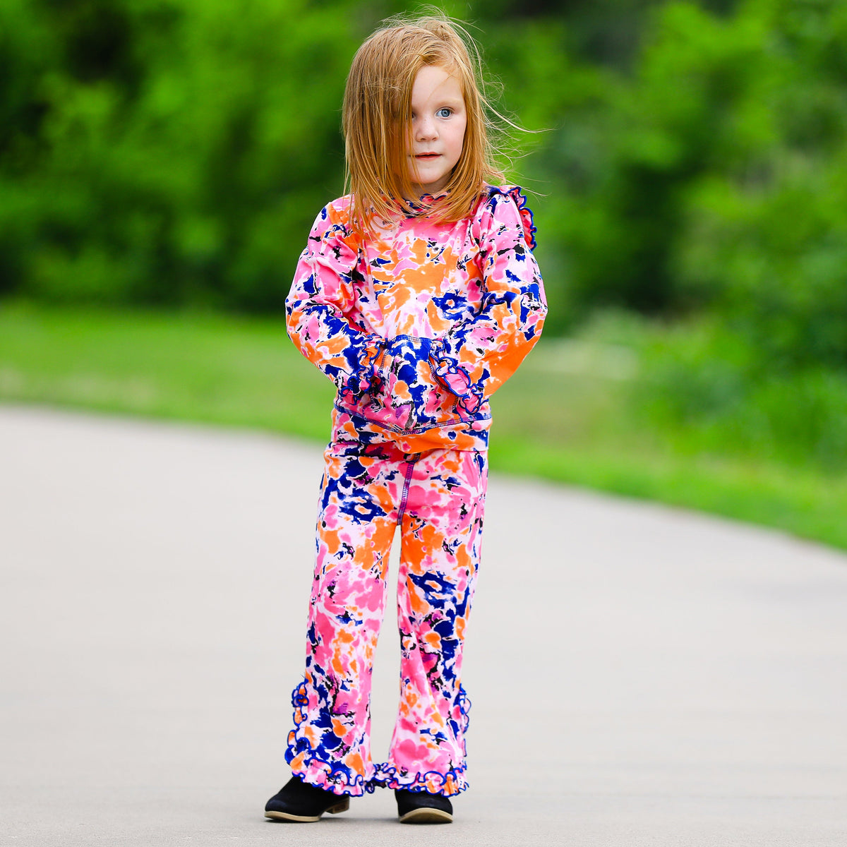 AnnLoren Girls Pink, Orange & Purple Tie Dye Ruffle Hoodie 2 Pc Fashion Track Suit-3