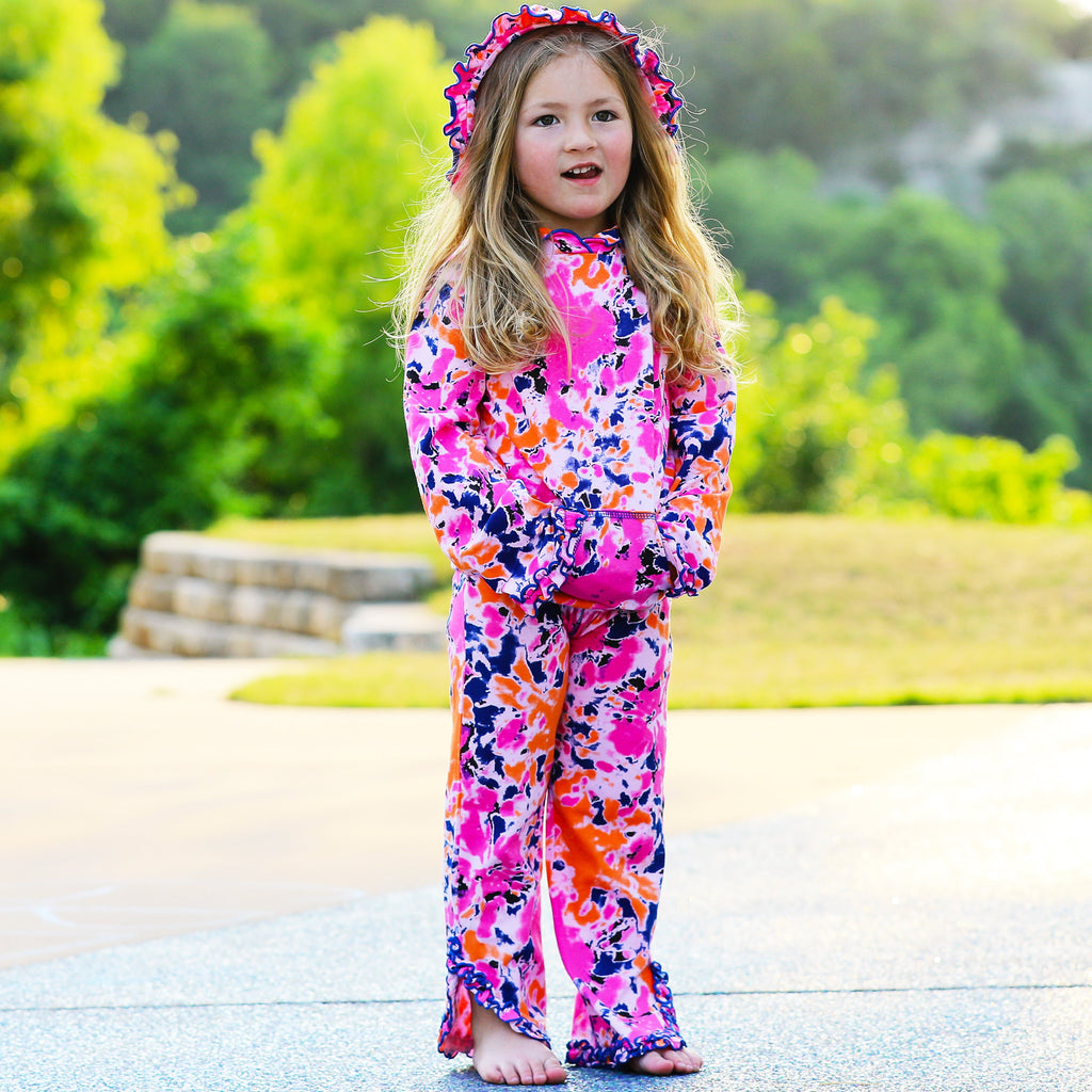 AnnLoren Girls Pink, Orange & Purple Tie Dye Ruffle Hoodie 2 Pc Fashion Track Suit-1