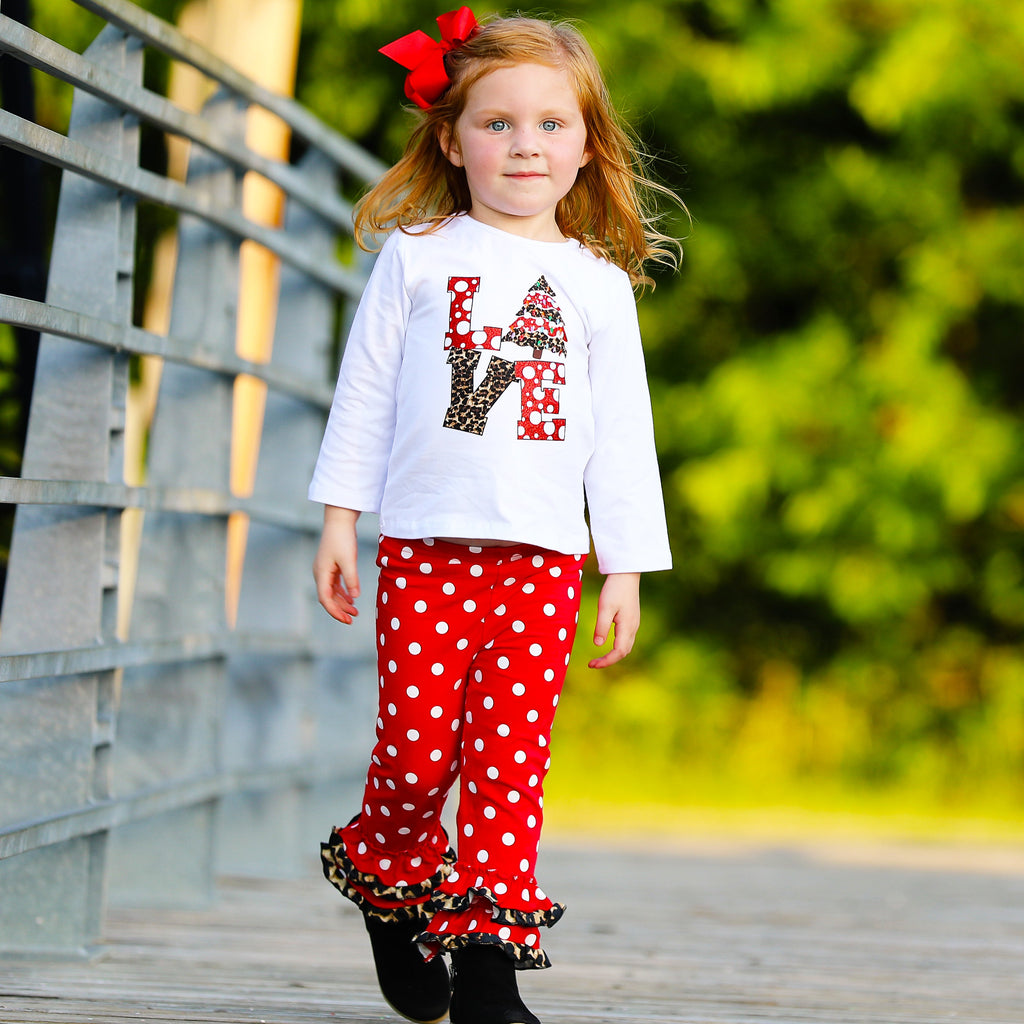 Girls LOVE Christmas Top & Red Polka Dot Ruffle Pants Set-1
