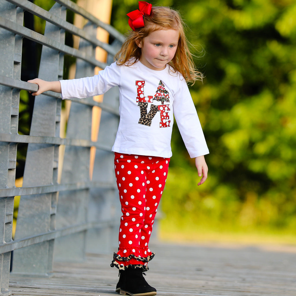 Girls LOVE Christmas Top & Red Polka Dot Ruffle Pants Set-4