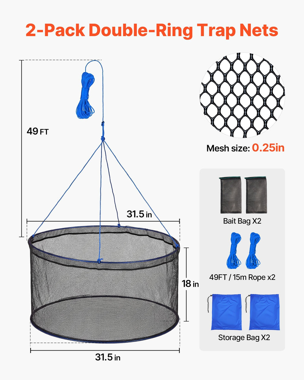 Foldable Fishing Net, Landing Fishing Pier Nets, Portable Drop Net for Pulling up Fish, Durable and Fish-friendly, with Rope and Storage Bag, for Minnows, Crawfish, Shrimp, Crab