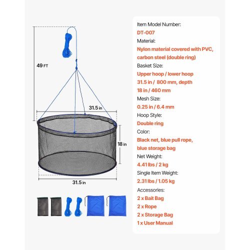 Foldable Fishing Net, Landing Fishing Pier Nets, Portable Drop Net for Pulling up Fish, Durable and Fish-friendly, with Rope and Storage Bag, for Minnows, Crawfish, Shrimp, Crab