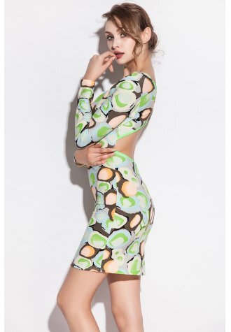 Candy Color Long Sleeve Stone Pattern Print Club Dress
