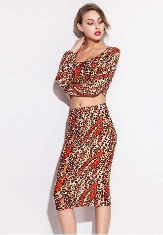 Orange Leopard Printed Bodycon Dress Set